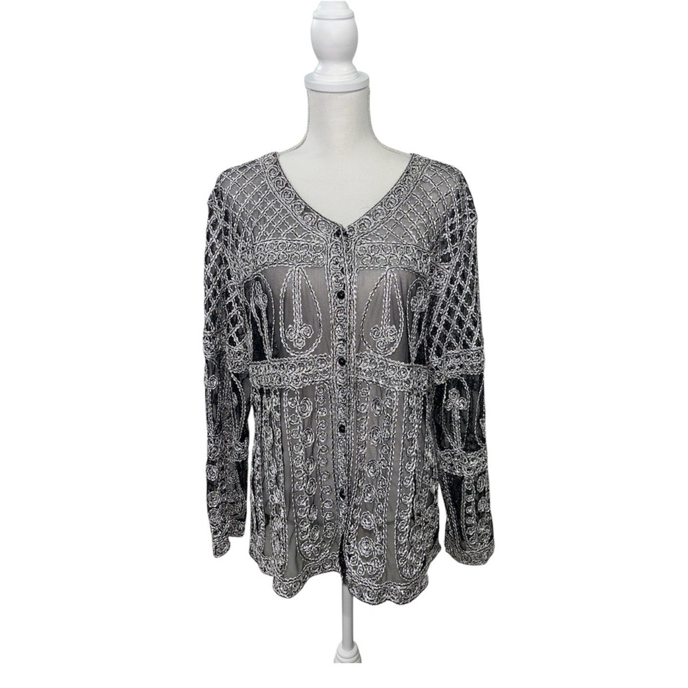 SOLD Sheer Mesh Evening Jacket L/XL Silver Soutache Embroidered Cardigan Topper